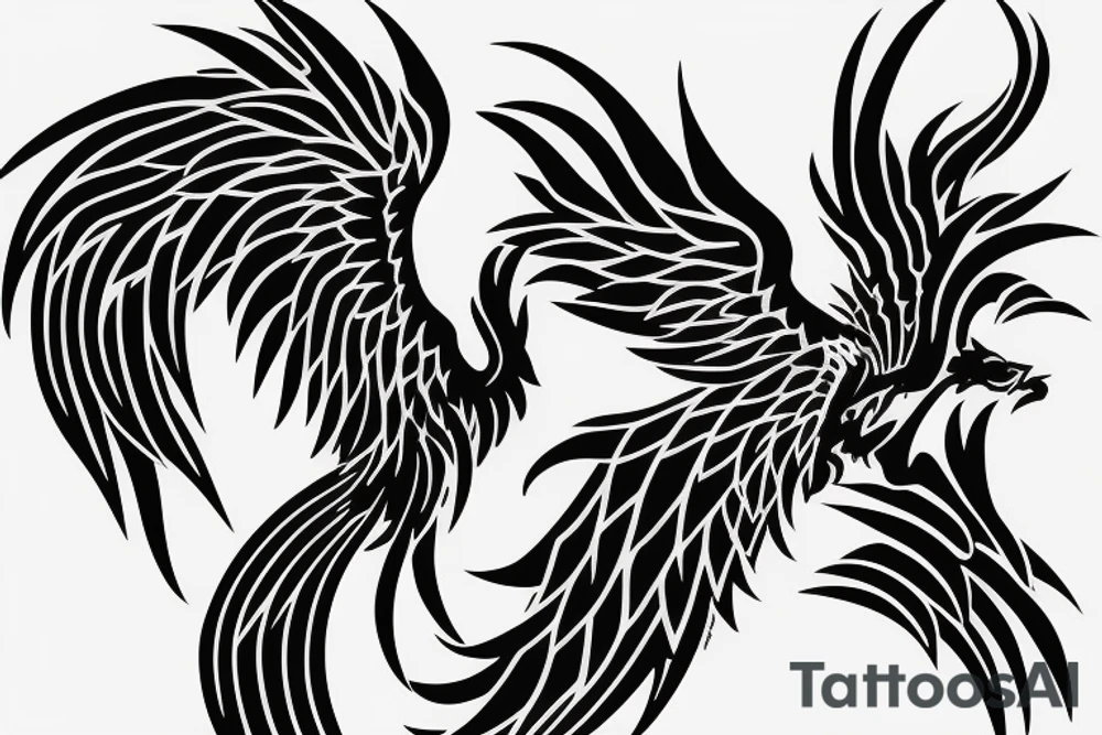 Black and white rising minimalist phoenix for whole back with long detailed tail. Vertical orientation tattoo idea