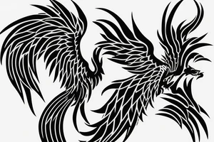 Black and white rising minimalist phoenix for whole back with long detailed tail. Vertical orientation tattoo idea