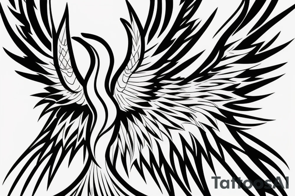 Black and white rising minimalist phoenix for whole back with long detailed tail. Vertical orientation tattoo idea