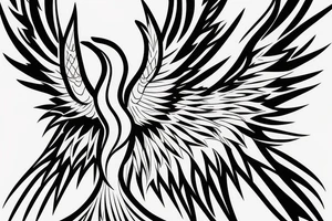 Black and white rising minimalist phoenix for whole back with long detailed tail. Vertical orientation tattoo idea