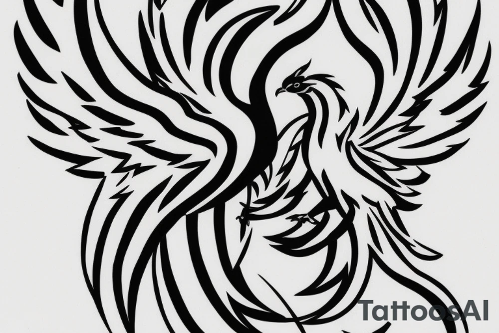 Black and white rising minimalist phoenix for whole back with long detailed tail. Vertical orientation tattoo idea