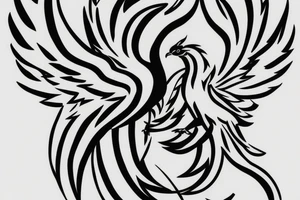 Black and white rising minimalist phoenix for whole back with long detailed tail. Vertical orientation tattoo idea