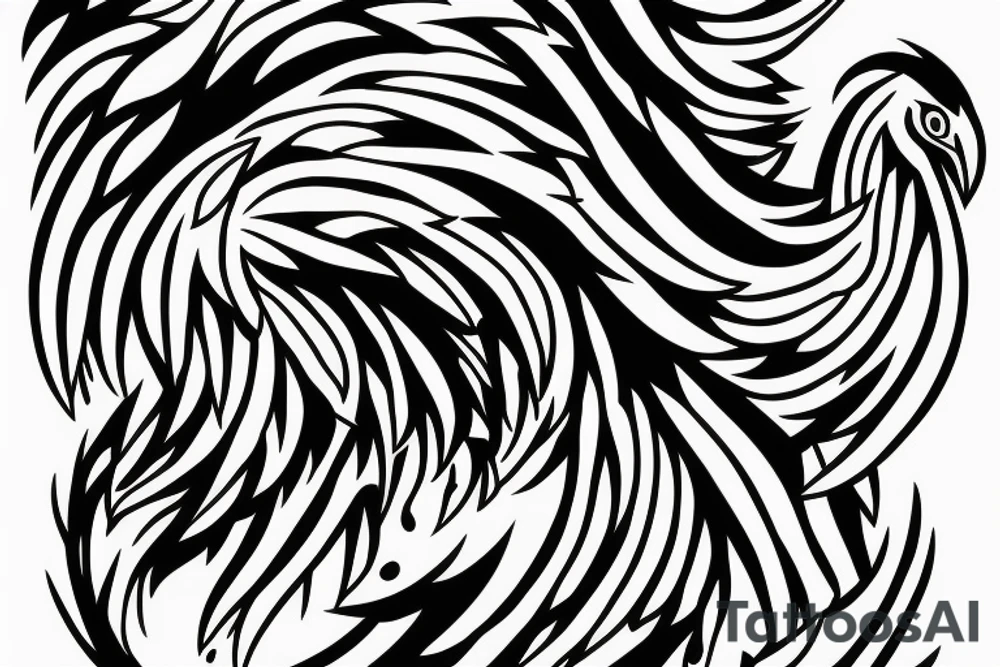Black and white rising minimalist phoenix for whole back with long detailed tail. Vertical orientation tattoo idea