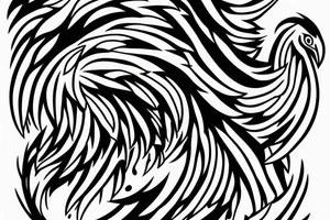 Black and white rising minimalist phoenix for whole back with long detailed tail. Vertical orientation tattoo idea