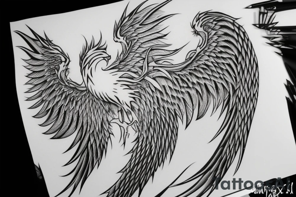 Greyscale rising minimalist phoenix for whole back with long detailed tail. Vertical orientation tattoo idea