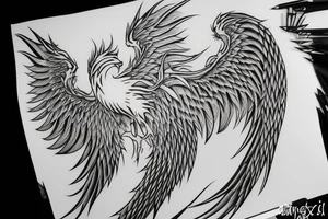Greyscale rising minimalist phoenix for whole back with long detailed tail. Vertical orientation tattoo idea