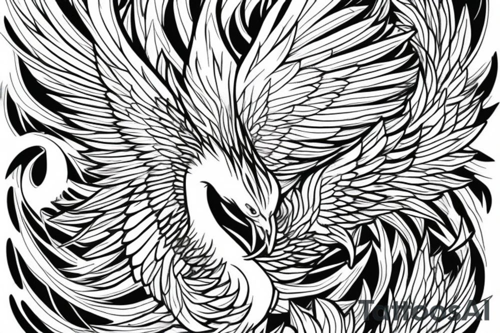 Greyscale rising minimalist phoenix for whole back with long detailed tail. Vertical orientation tattoo idea