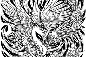 Greyscale rising minimalist phoenix for whole back with long detailed tail. Vertical orientation tattoo idea