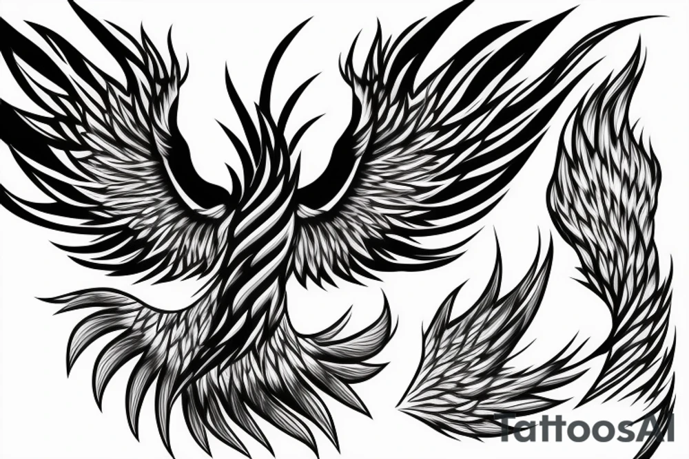 Greyscale rampant minimalist phoenix for whole back with long detailed tail. Vertical orientation tattoo idea