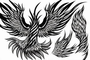 Greyscale rampant minimalist phoenix for whole back with long detailed tail. Vertical orientation tattoo idea