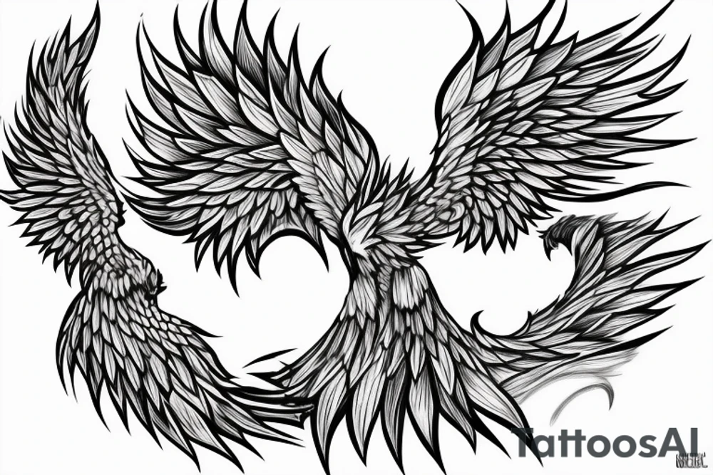 Greyscale rampant minimalist phoenix for whole back with long detailed tail. Vertical orientation tattoo idea