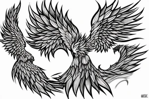 Greyscale rampant minimalist phoenix for whole back with long detailed tail. Vertical orientation tattoo idea