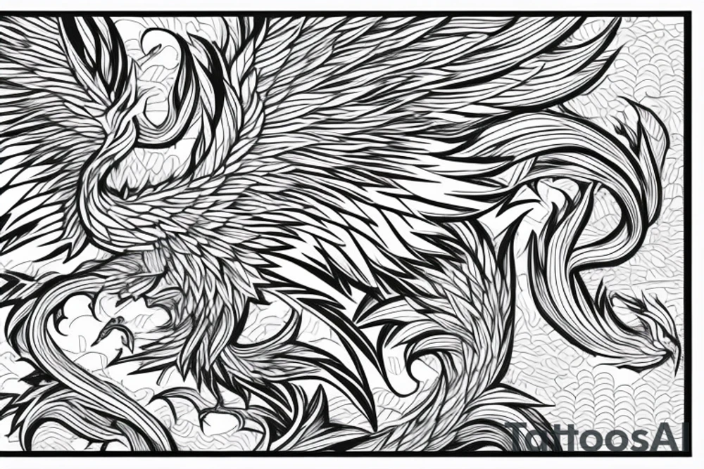 Greyscale rampant minimalist phoenix for whole back with long detailed tail. Vertical orientation tattoo idea