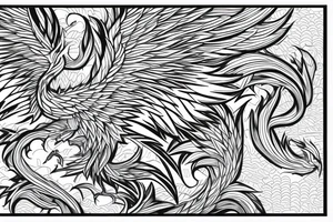 Greyscale rampant minimalist phoenix for whole back with long detailed tail. Vertical orientation tattoo idea