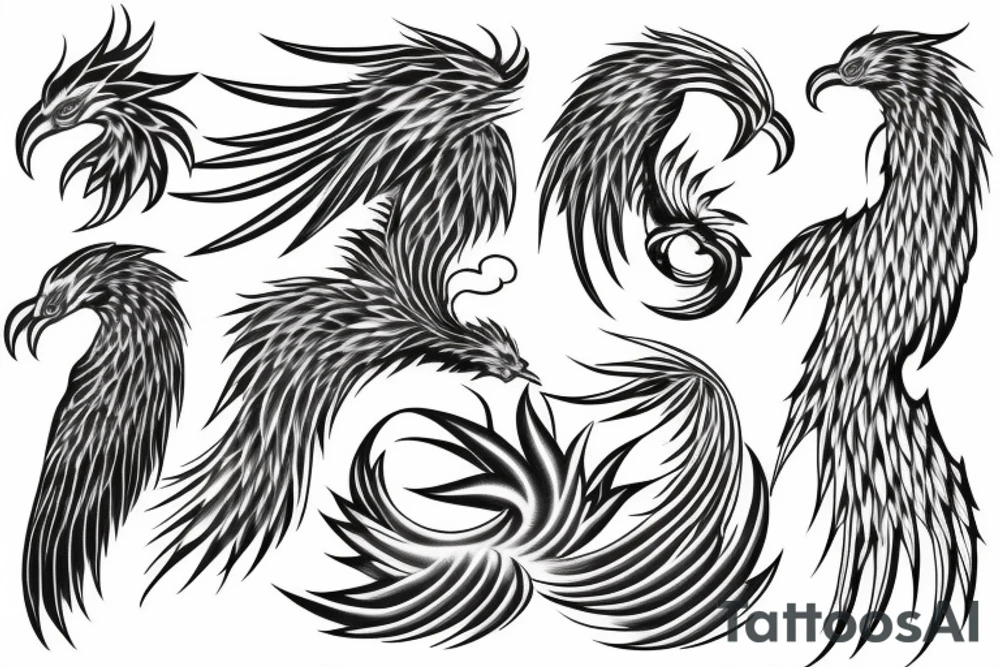 Greyscale rampant minimalist phoenix for whole back with long detailed tail. Vertical orientation tattoo idea