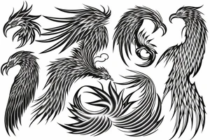 Greyscale rampant minimalist phoenix for whole back with long detailed tail. Vertical orientation tattoo idea