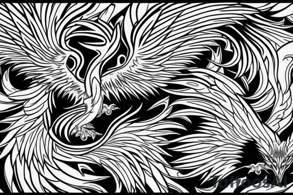 Greyscale rampant minimalist phoenix for whole back with long detailed tail. Vertical orientation tattoo idea