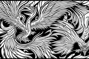 Greyscale rampant minimalist phoenix for whole back with long detailed tail. Vertical orientation tattoo idea