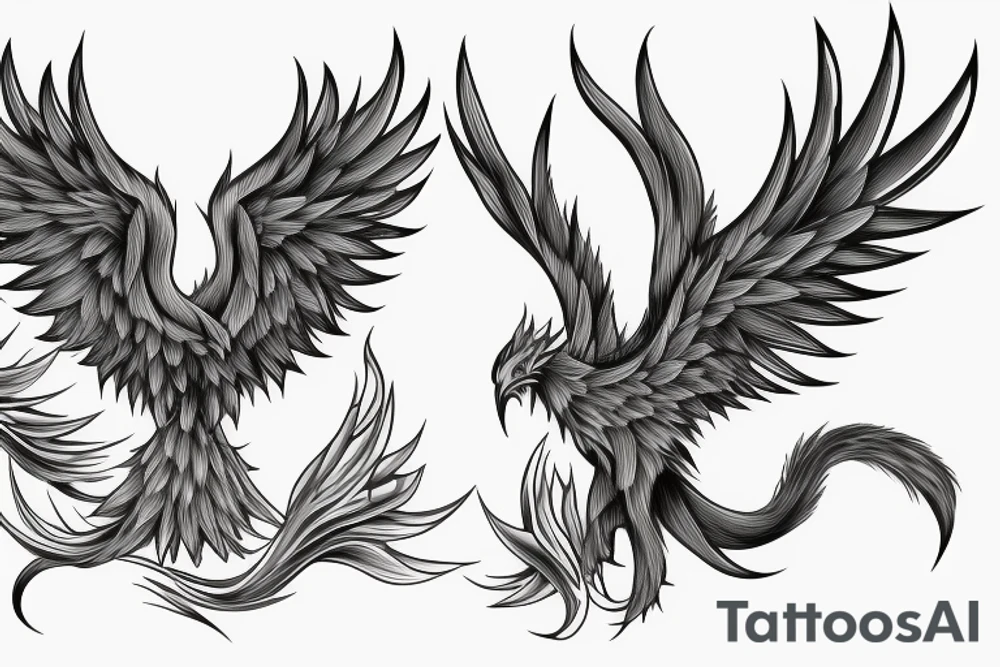 Greyscale rampant minimalist phoenix for whole back with long detailed tail. Vertical orientation tattoo idea