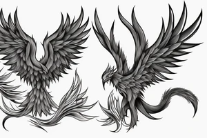 Greyscale rampant minimalist phoenix for whole back with long detailed tail. Vertical orientation tattoo idea