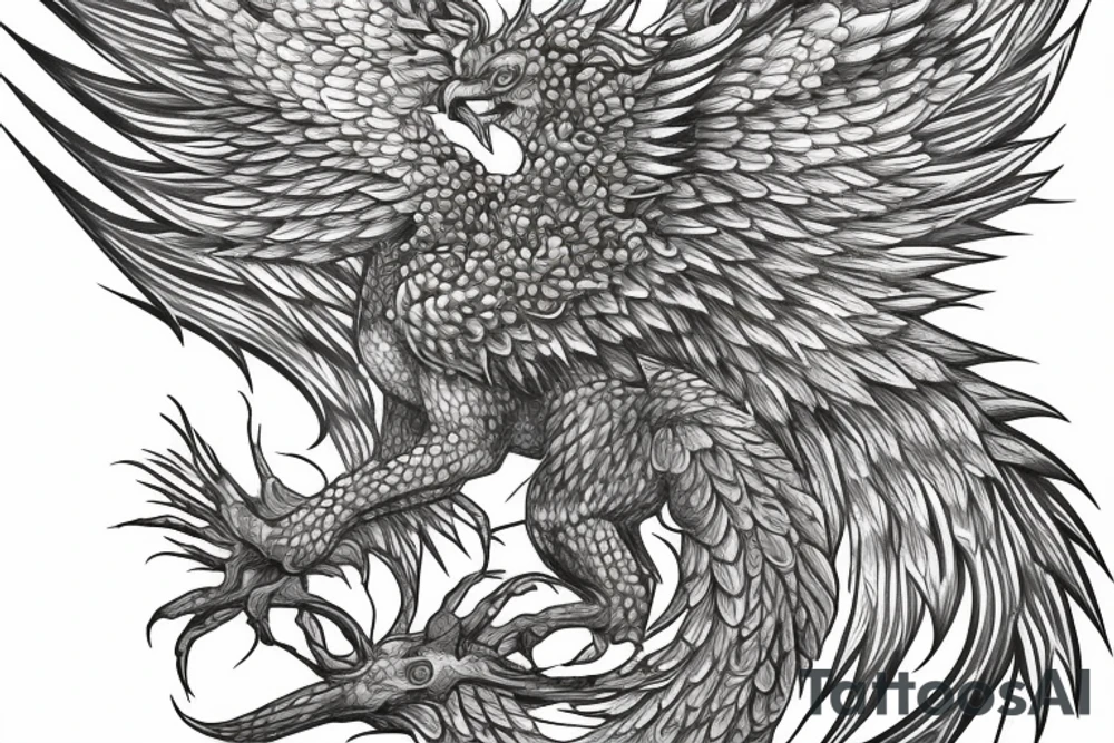 Greyscale rampant detailed phoenix for whole back with long detailed tail. Vertical orientation tattoo idea