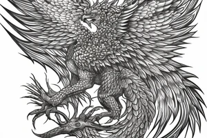Greyscale rampant detailed phoenix for whole back with long detailed tail. Vertical orientation tattoo idea
