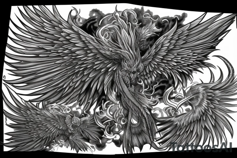 Greyscale rampant detailed phoenix for whole back with long detailed tail. Vertical orientation tattoo idea