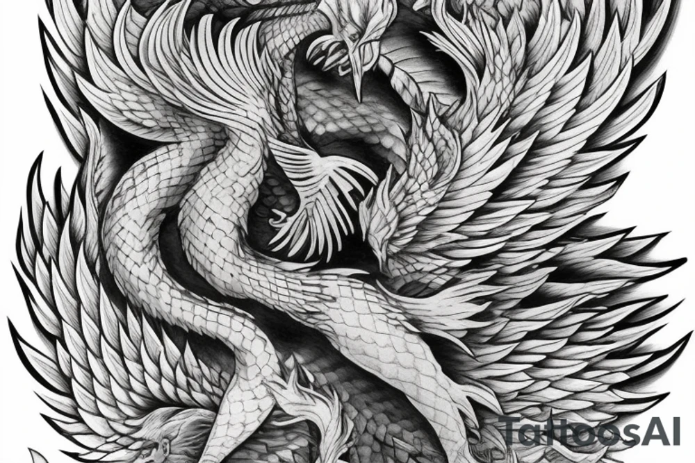Greyscale rampant detailed phoenix for whole back with long detailed tail. Vertical orientation tattoo idea