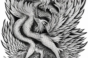 Greyscale rampant detailed phoenix for whole back with long detailed tail. Vertical orientation tattoo idea