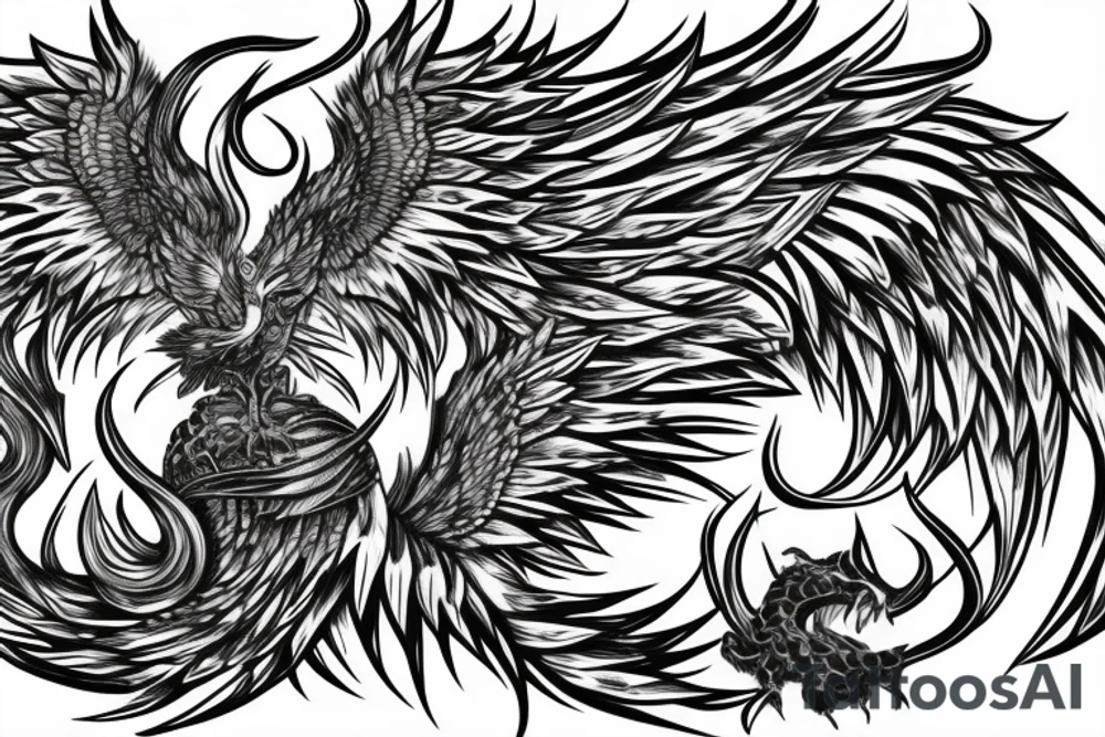 Greyscale rampant detailed phoenix for whole back with long detailed tail. Vertical orientation tattoo idea