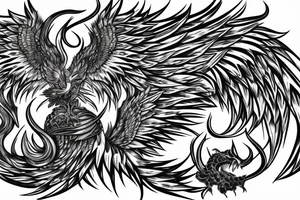 Greyscale rampant detailed phoenix for whole back with long detailed tail. Vertical orientation tattoo idea