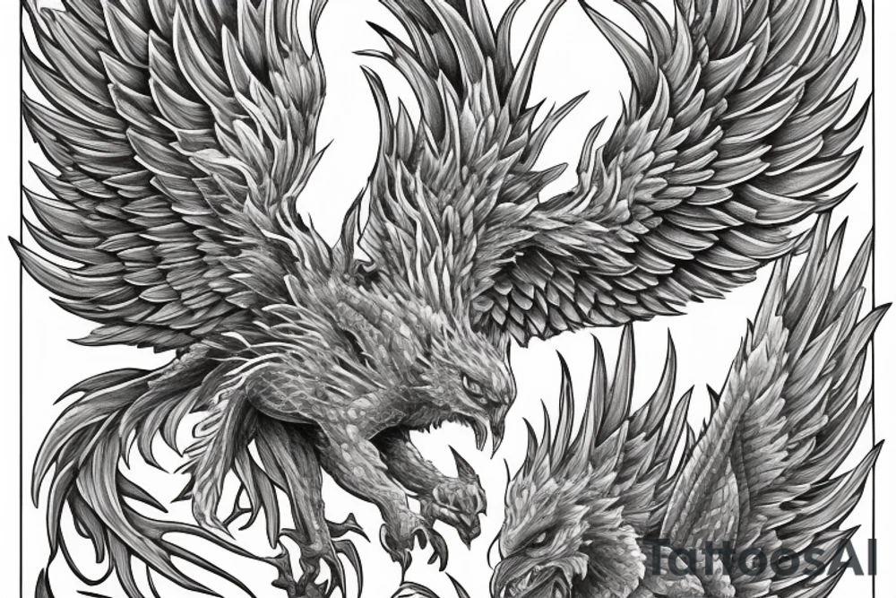 Greyscale rampant detailed phoenix who looks left. To be tattoed in whole back with long detailed tail. Vertical orientation tattoo idea