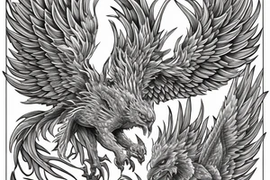 Greyscale rampant detailed phoenix who looks left. To be tattoed in whole back with long detailed tail. Vertical orientation tattoo idea