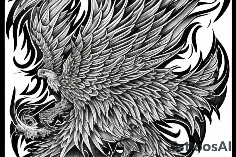 Greyscale rampant detailed phoenix who looks left. To be tattoed in whole back with long detailed tail. Vertical orientation tattoo idea