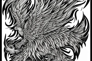 Greyscale rampant detailed phoenix who looks left. To be tattoed in whole back with long detailed tail. Vertical orientation tattoo idea