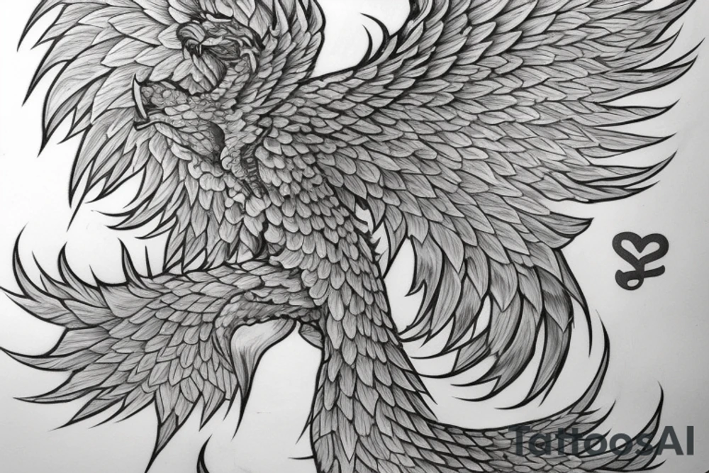 Greyscale rampant detailed phoenix who looks left. To be tattoed in whole back with long flaming tail. Vertical orientation tattoo idea