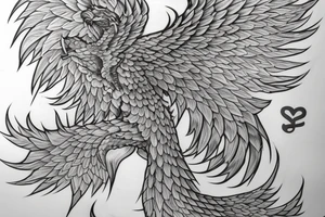 Greyscale rampant detailed phoenix who looks left. To be tattoed in whole back with long flaming tail. Vertical orientation tattoo idea