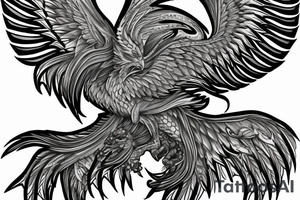 Greyscale rampant detailed phoenix who looks left. To be tattoed in whole back with long flaming tail. Vertical orientation tattoo idea
