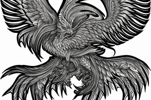 Greyscale rampant detailed phoenix who looks left. To be tattoed in whole back with long flaming tail. Vertical orientation tattoo idea