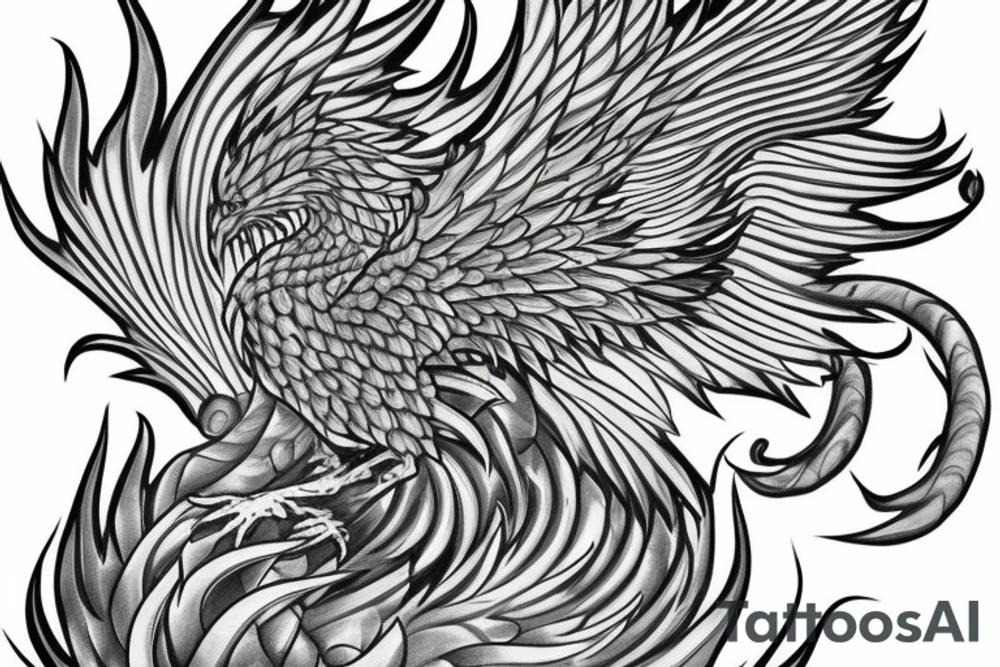 Greyscale rampant detailed phoenix who looks left. To be tattoed in whole back with long burning tail. Vertical orientation tattoo idea