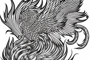 Greyscale rampant detailed phoenix who looks left. To be tattoed in whole back with long burning tail. Vertical orientation tattoo idea