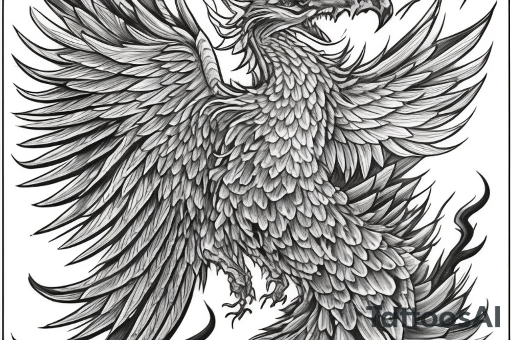 Greyscale rampant detailed phoenix who looks left. To be tattoed in whole back with long burning tail. Vertical orientation tattoo idea