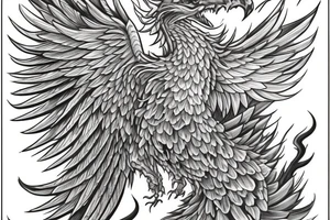 Greyscale rampant detailed phoenix who looks left. To be tattoed in whole back with long burning tail. Vertical orientation tattoo idea