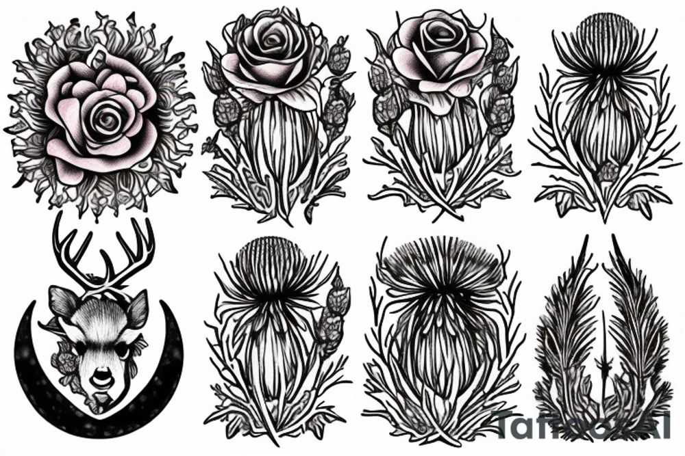 deer moon rose thistle tattoo idea
