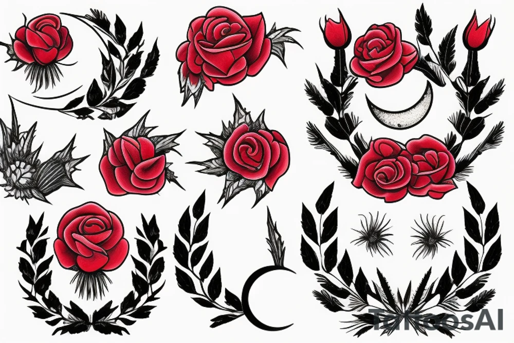 deer with moon in the background with red rose and thistle tattoo idea