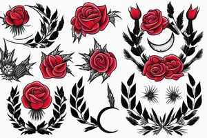 deer with moon in the background with red rose and thistle tattoo idea