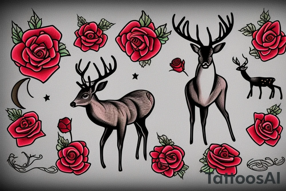 deer with moon in the background with red rose and thistle tattoo idea