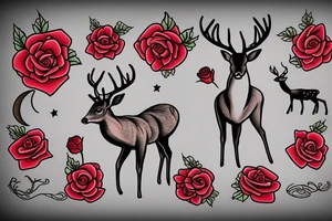 deer with moon in the background with red rose and thistle tattoo idea