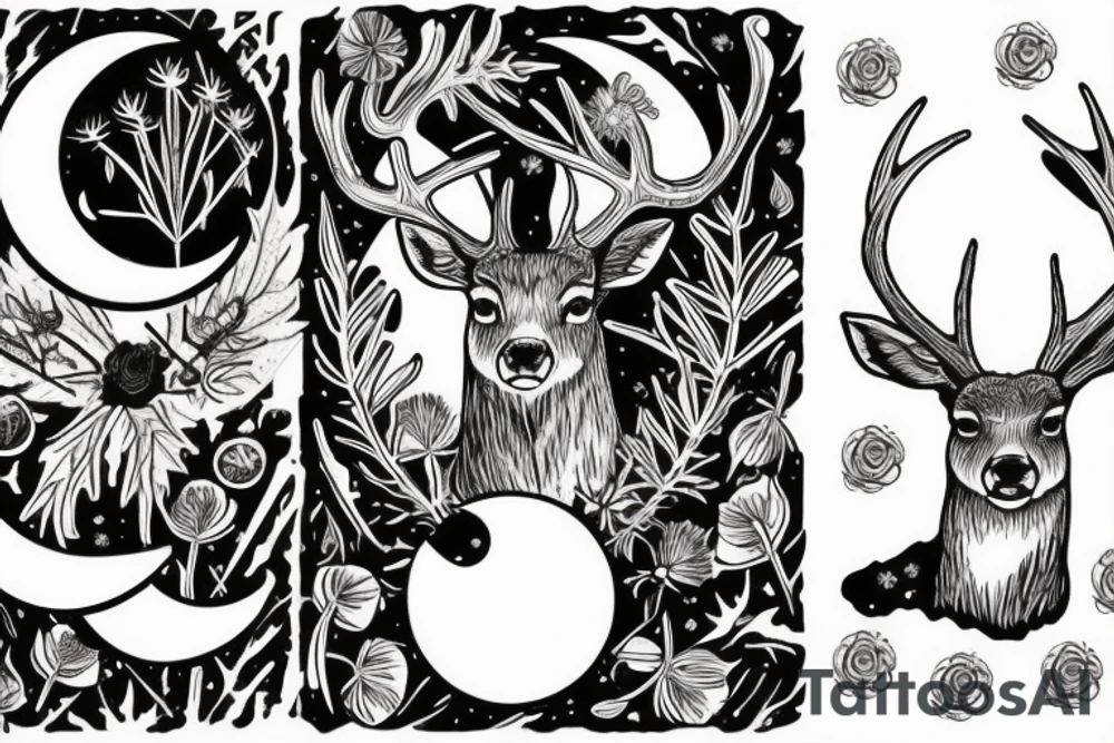 deer with moon in the background with red rose and thistle tattoo idea