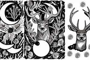 deer with moon in the background with red rose and thistle tattoo idea